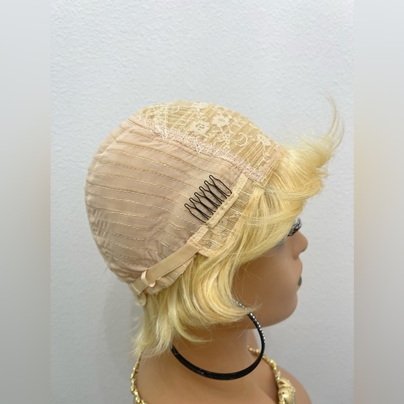 #613 Blonde Human Hair Short Pixie Cut Wig, Full Machine Made, None Lace (All We - Picture 10 of 10